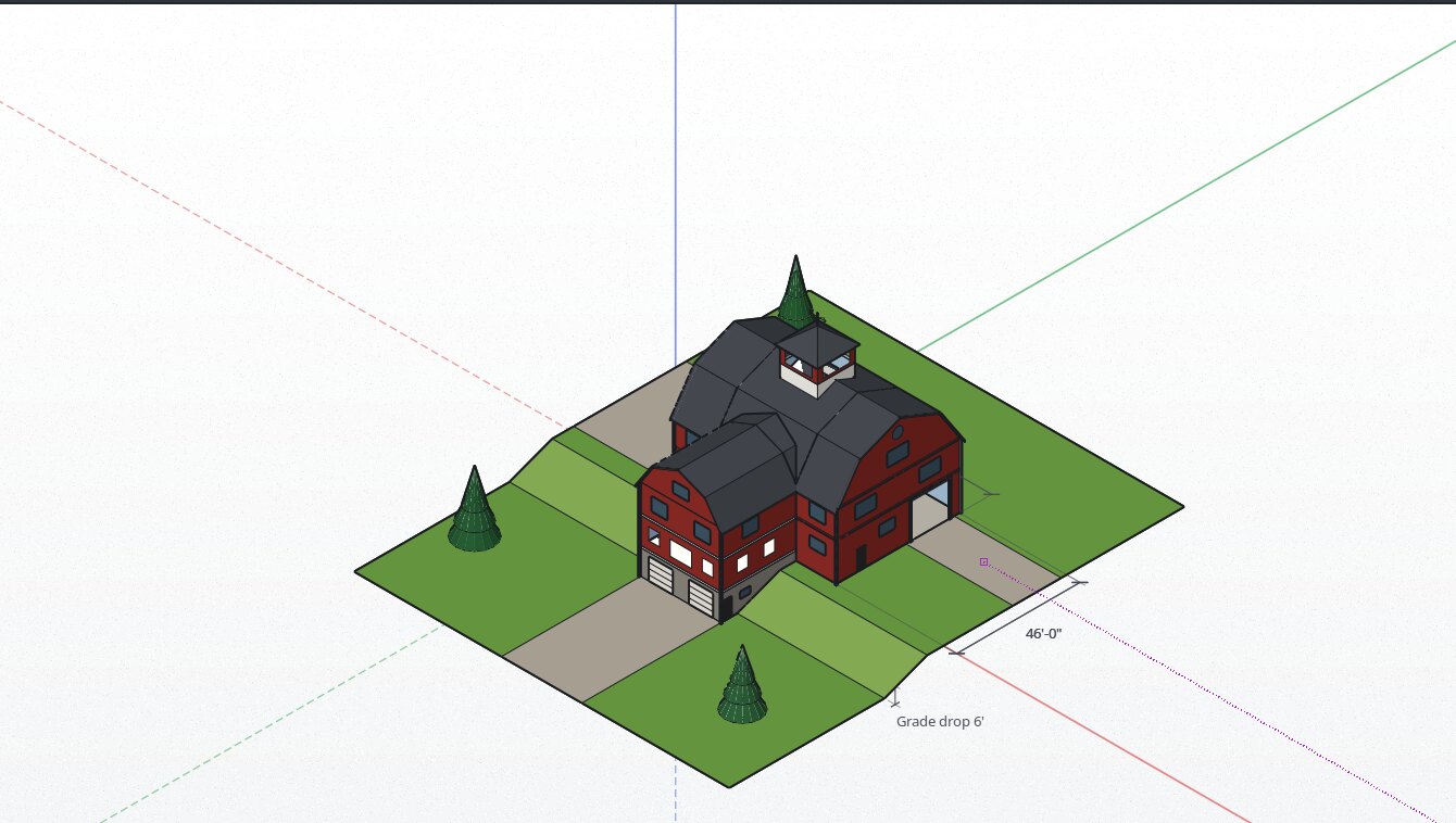 A barndominium on a sloped lot